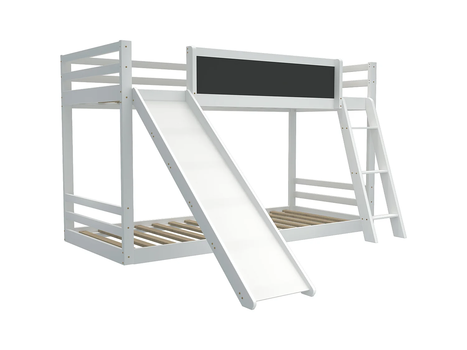 Lit double avec escalier et toboggan, lit avec barrière, bois massif, blanc, 200x90 cm