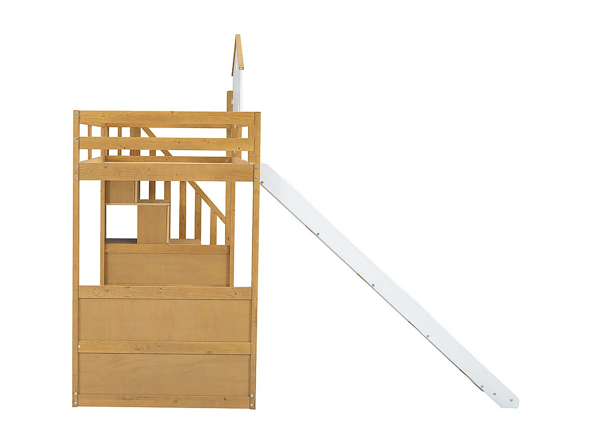 Lit enfant superposé 90x200 cm, lit simple avec escalier d'angle, toit et fenêtre, 3 casiers sur l'escalier, blanc + couleurs naturelles