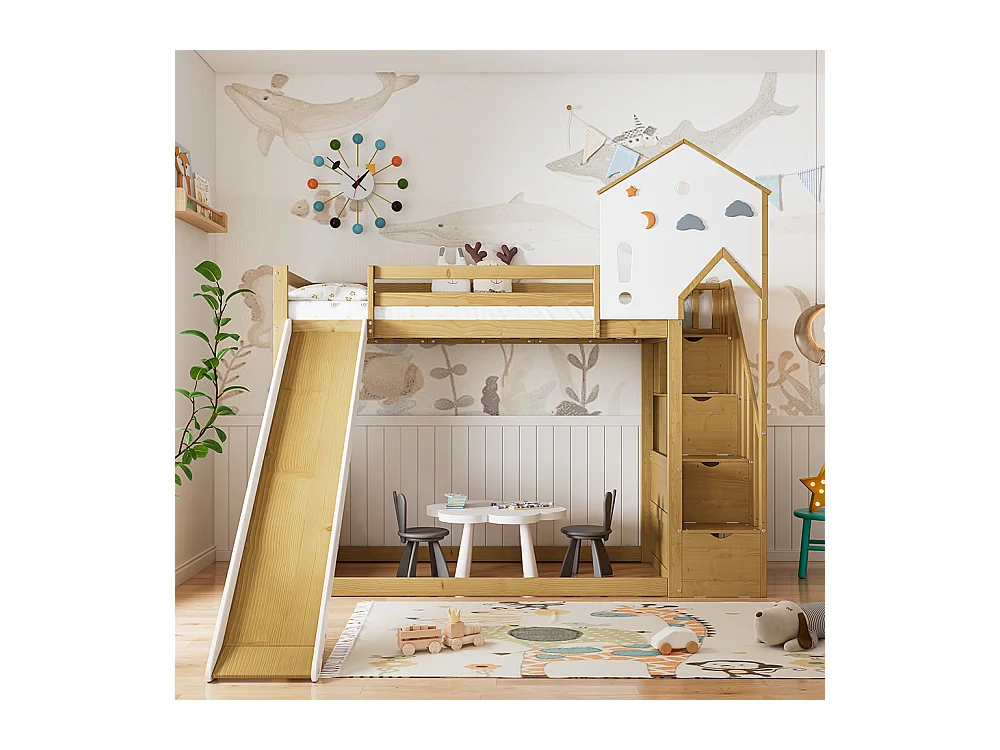 Lit enfant superposé 90x200 cm, lit simple avec escalier d'angle, toit et fenêtre, 3 casiers sur l'escalier, blanc + couleurs naturelles
