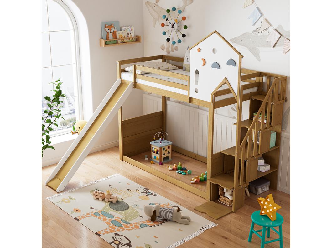 Litera infantil 90x200 cm, cama individual con escalera de esquina, techo y ventana, 3 taquillas en la escalera, blanco + colores naturales