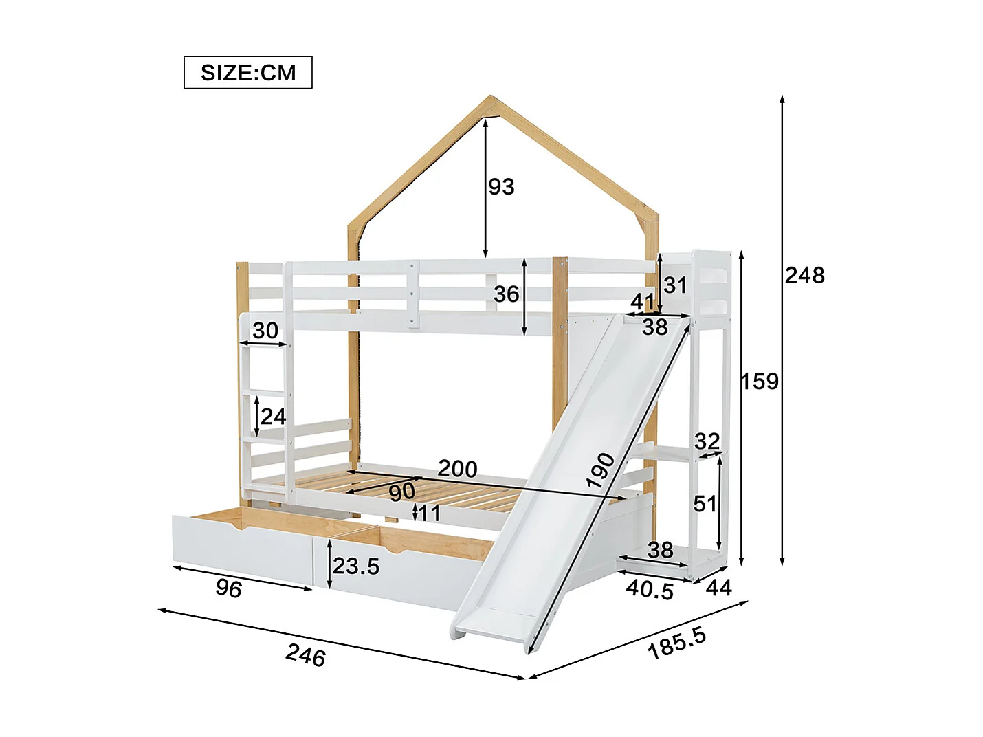 Litera individual 90x200 cm, tiras de luz fría, cajones bajo la cama con guías, techo y ventanas, blanco + colores naturales