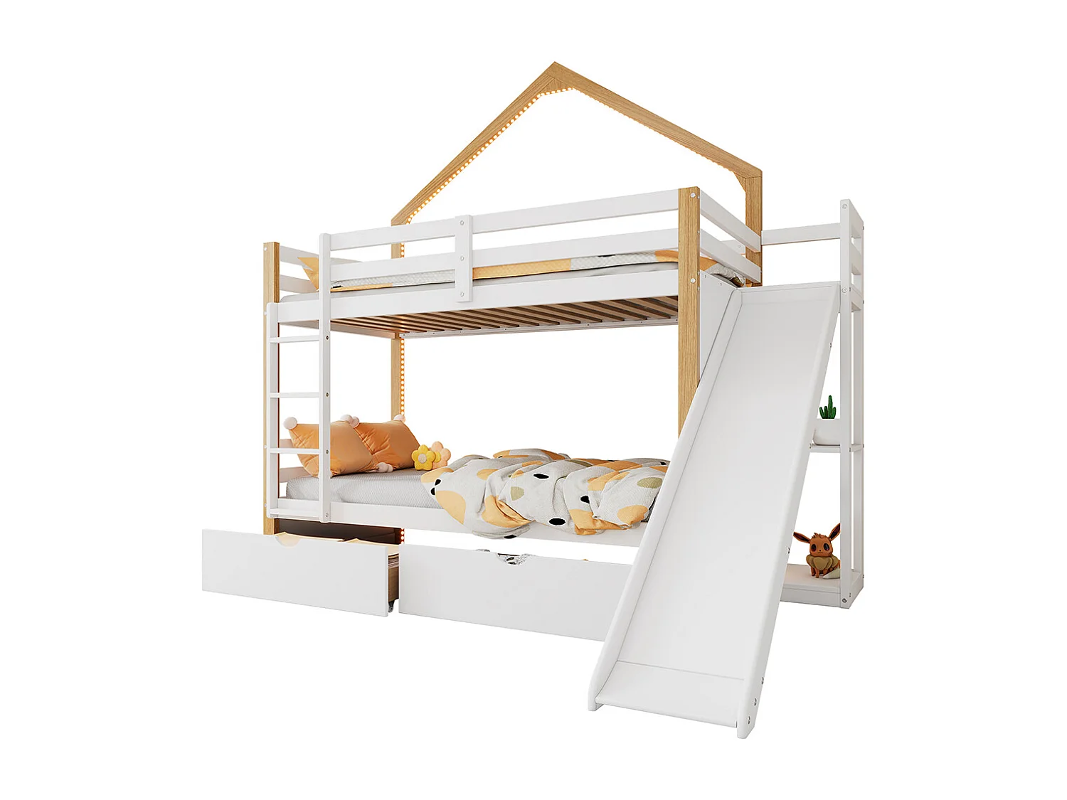 Litera individual 90x200 cm, tiras de luz fría, cajones bajo la cama con guías, techo y ventanas, blanco + colores naturales