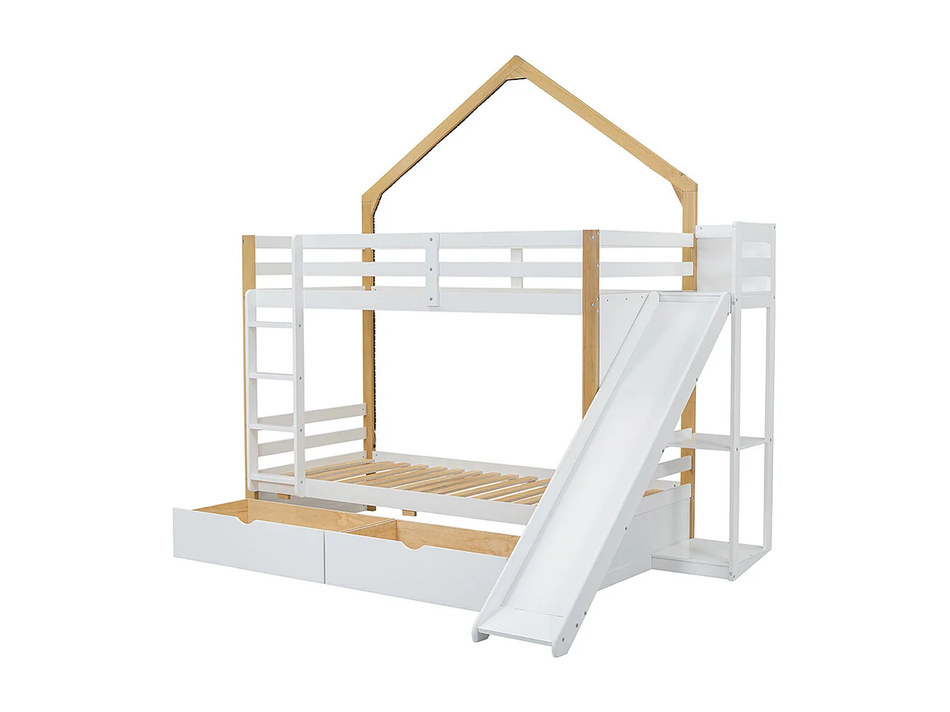 Litera individual 90x200 cm, tiras de luz fría, cajones bajo la cama con guías, techo y ventanas, blanco + colores naturales