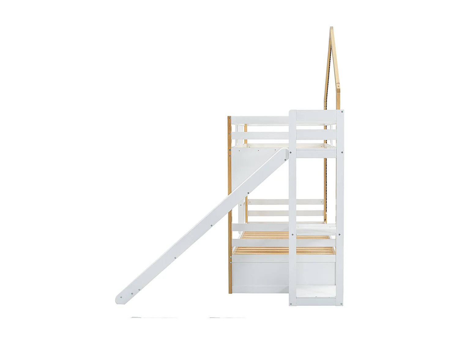 Litera individual 90x200 cm, tiras de luz fría, cajones bajo la cama con guías, techo y ventanas, blanco + colores naturales