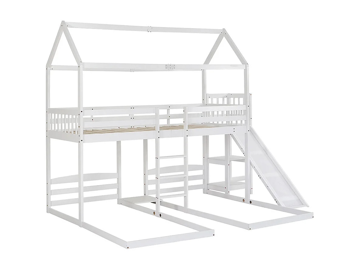 Lit superposé, lit d'enfant avec étagère ouverte coulissante, cadre en pin, lit d'enfant surmonté, blanc, 90x200cm