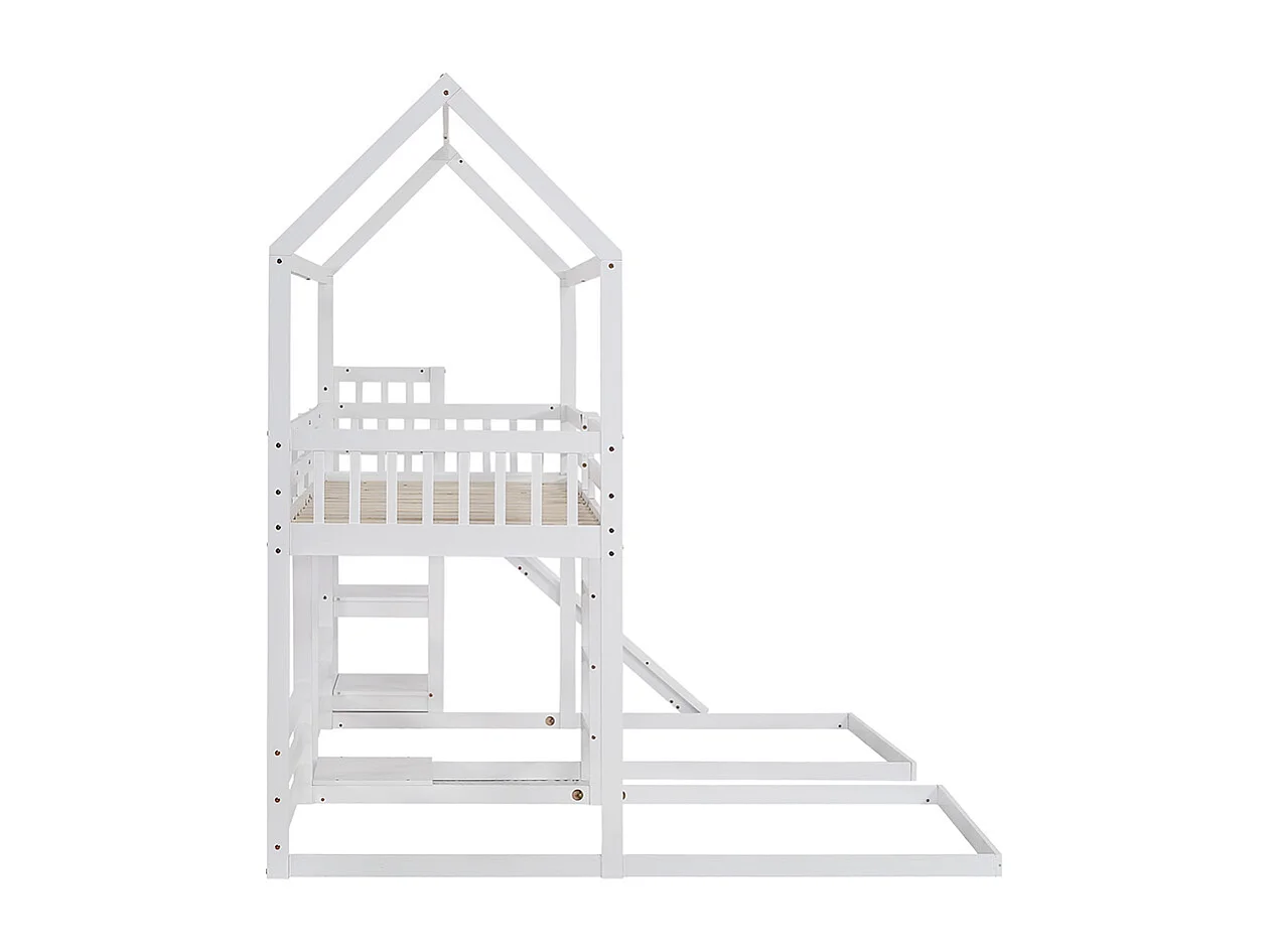 Lit superposé, lit d'enfant avec étagère ouverte coulissante, cadre en pin, lit d'enfant surmonté, blanc, 90x200cm