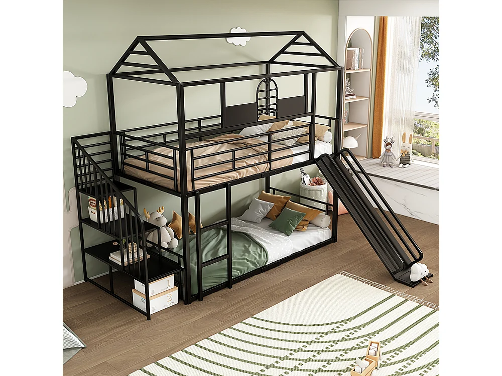 Litera con estructura de hierro 90x200cm , Cama infantil con techo y ventana, con tobogán y escalera lateral, negro