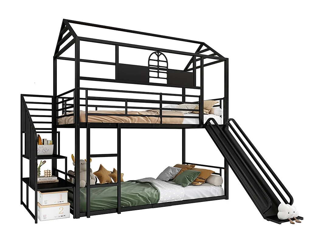 Litera con estructura de hierro 90x200cm , Cama infantil con techo y ventana, con tobogán y escalera lateral, negro