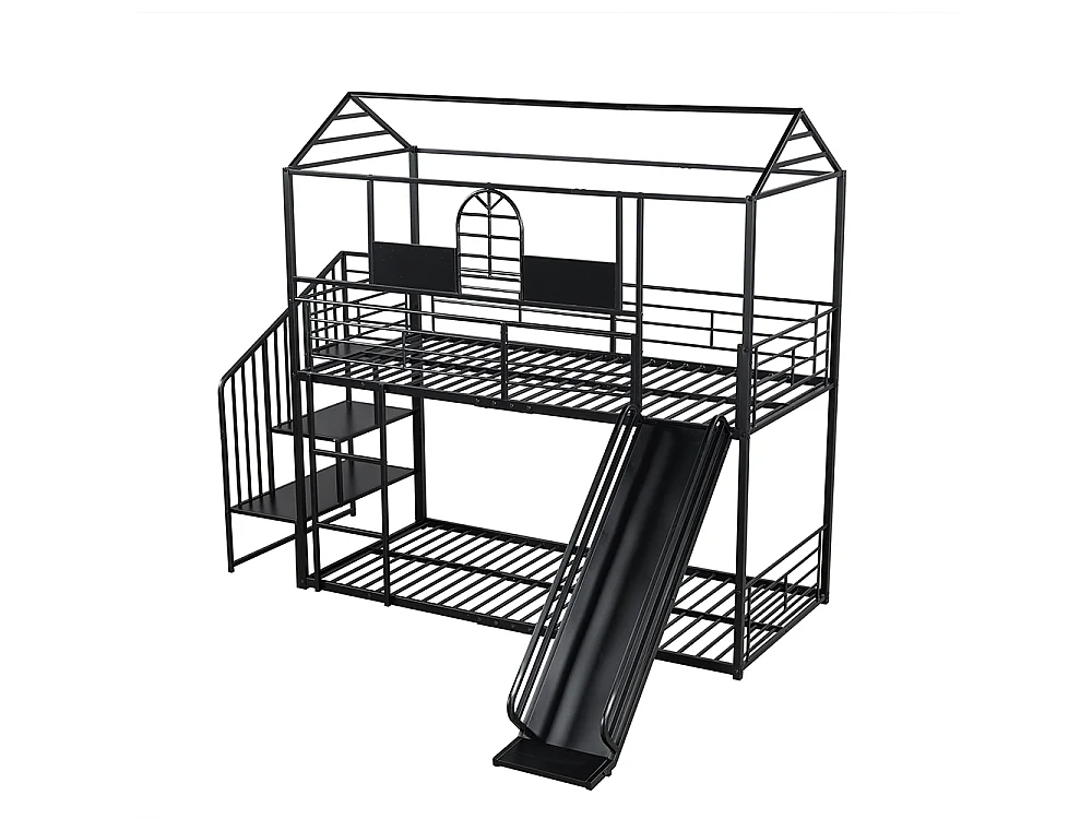 Litera con estructura de hierro 90x200cm , Cama infantil con techo y ventana, con tobogán y escalera lateral, negro