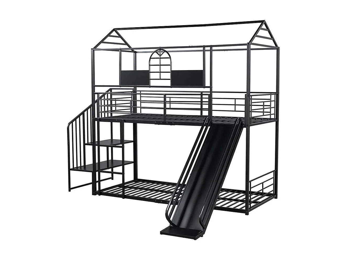 Litera con estructura de hierro 90x200cm , Cama infantil con techo y ventana, con tobogán y escalera lateral, negro