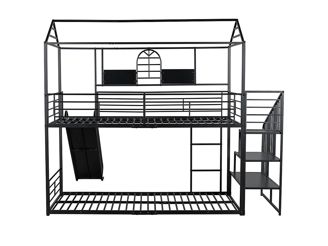 Litera con estructura de hierro 90x200cm , Cama infantil con techo y ventana, con tobogán y escalera lateral, negro