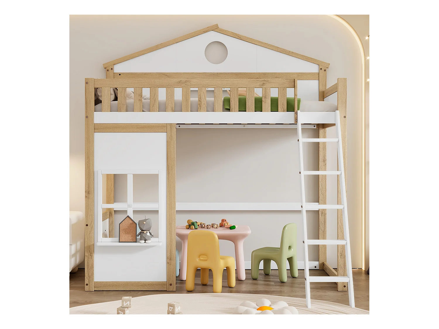 Lit superposé pour enfant, simple, avec protection contre les chutes et rails, avec toit et fenêtre, blanc + couleurs naturelles, 90x200 cm