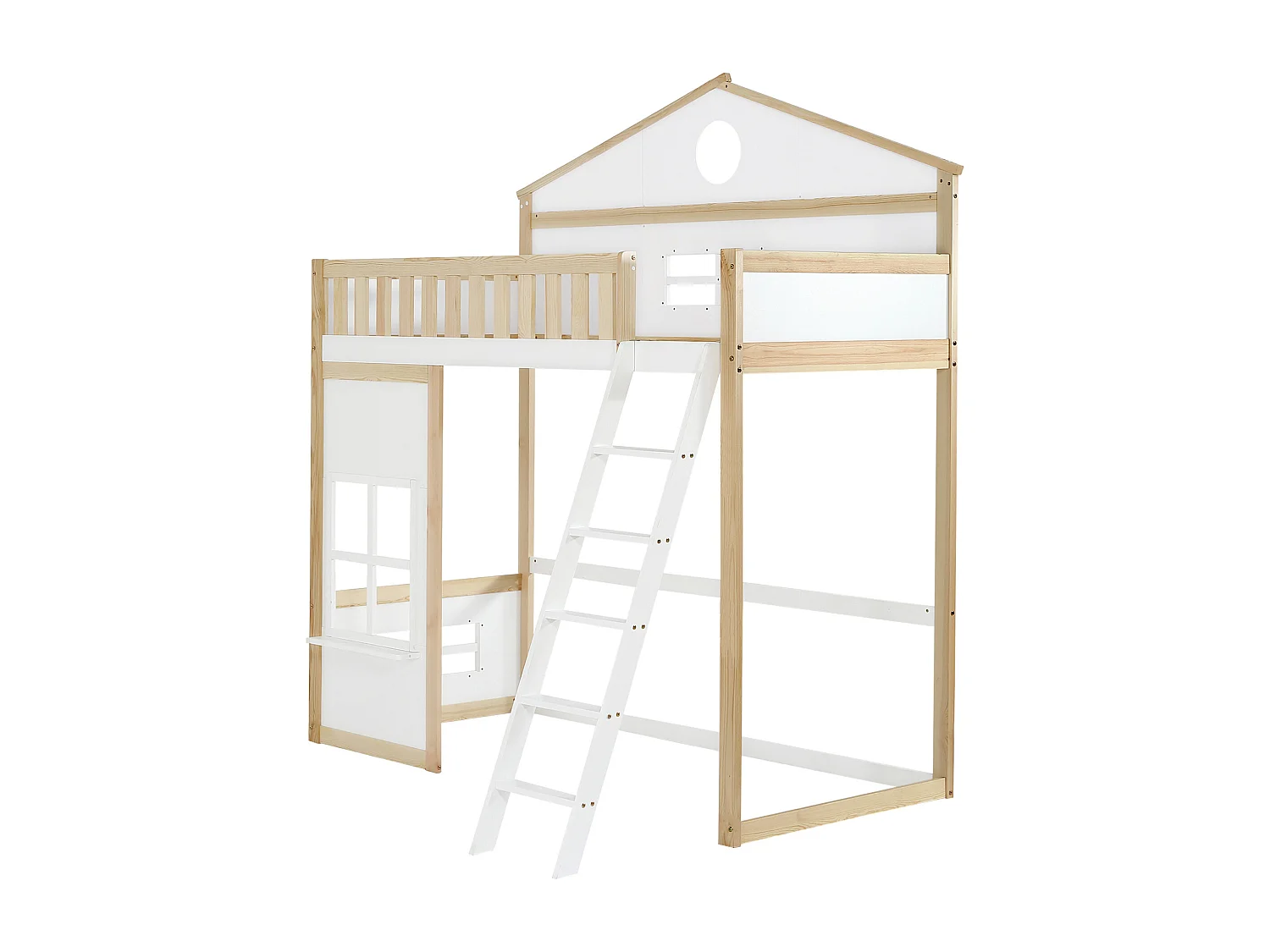 Lit superposé pour enfant, simple, avec protection contre les chutes et rails, avec toit et fenêtre, blanc + couleurs naturelles, 90x200 cm