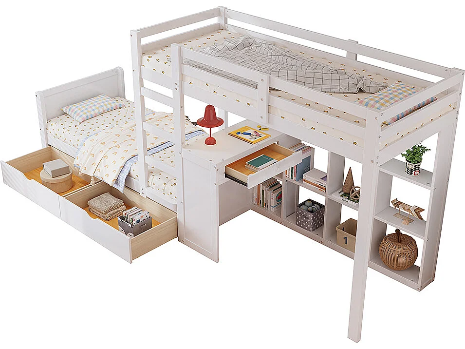 Lit superposé pour enfants avec échelle à trois niveaux, étagères ouvertes, barrière de sécurité, deux tiroirs, avec bureau, blanc, 90x200cm