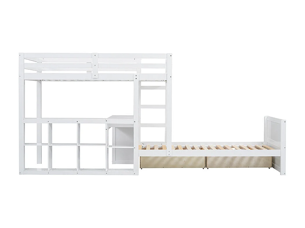 Lit superposé pour enfants avec échelle à trois niveaux, étagères ouvertes, barrière de sécurité, deux tiroirs, avec bureau, blanc, 90x200cm