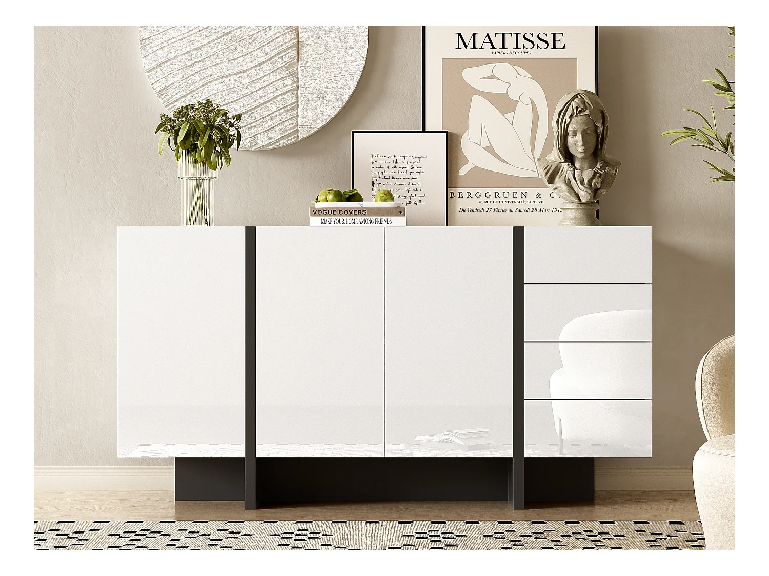 Sideboard 2 Türen und 4 Schubladen – glänzende Optik – Weiß und Schwarz