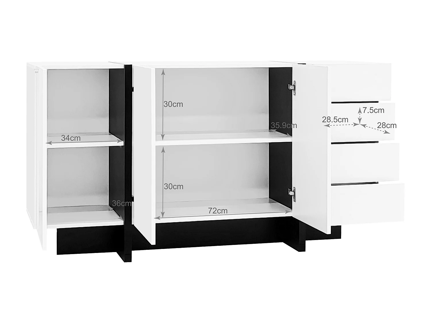 Sideboard 2 Türen und 4 Schubladen – glänzende Optik – Weiß und Schwarz