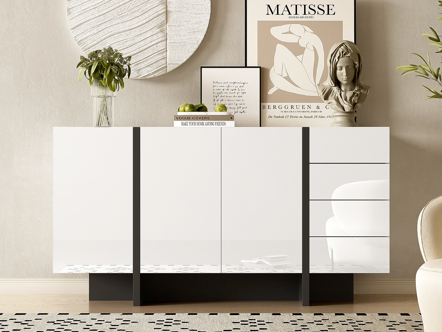 Buffet 2 portes et 4 tiroirs - aspect brillant - Blanc & Noir