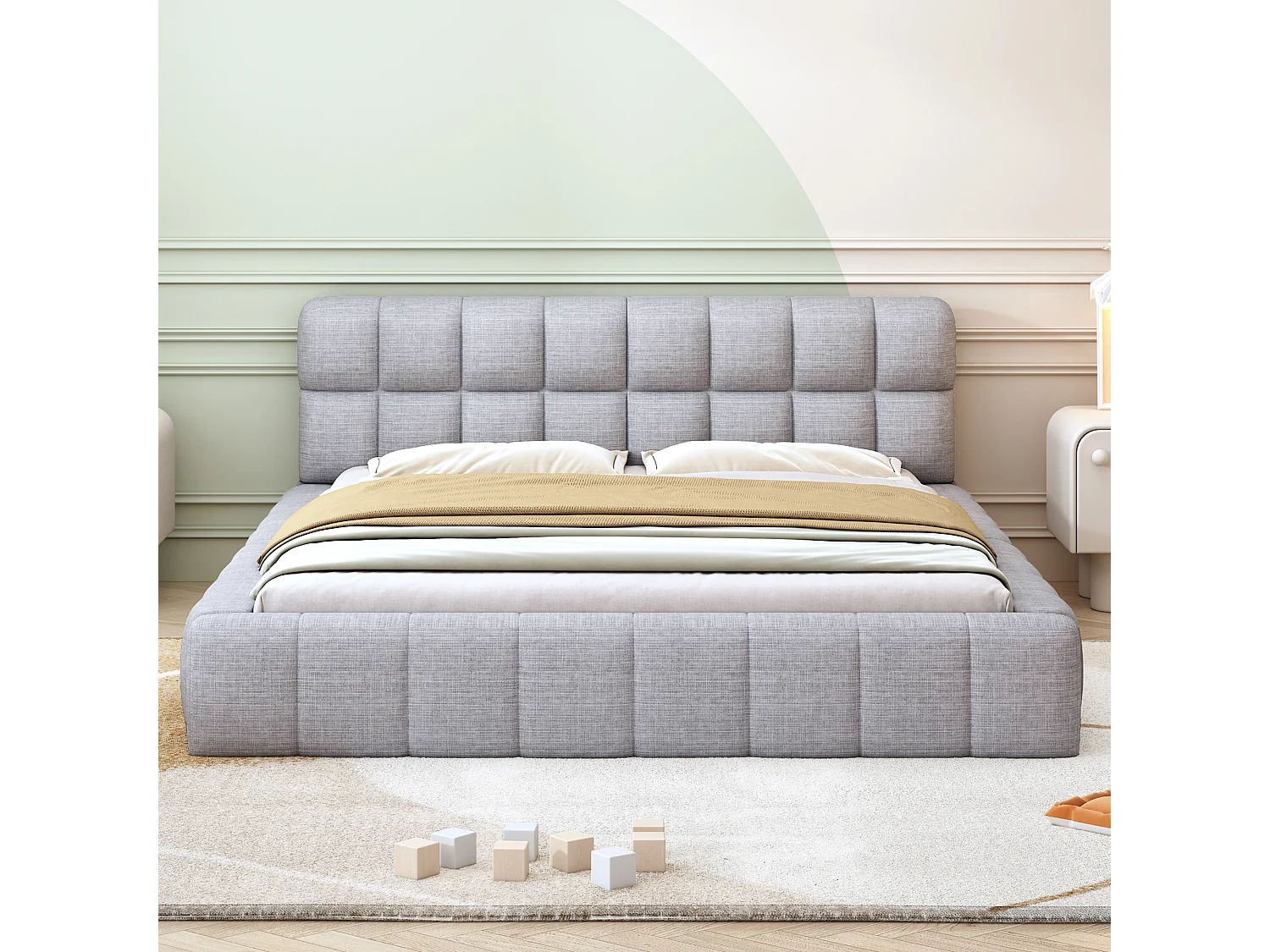 Lit double rembourré 140x200cm tissu en lin - avec dossier épais et sommier à lattes - Gris