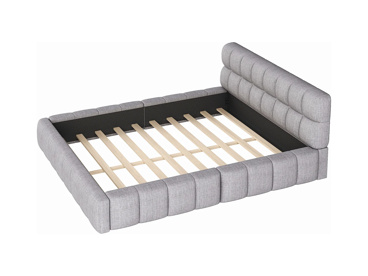 Lit double rembourré 140x200cm tissu en lin - avec dossier épais et sommier à lattes - Gris