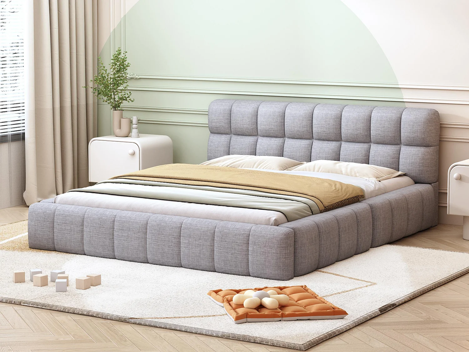 Gepolstertes Doppelbett 140x200cm aus Leinenstoff – mit dicker Rückenlehne und Lattenrost – Grau