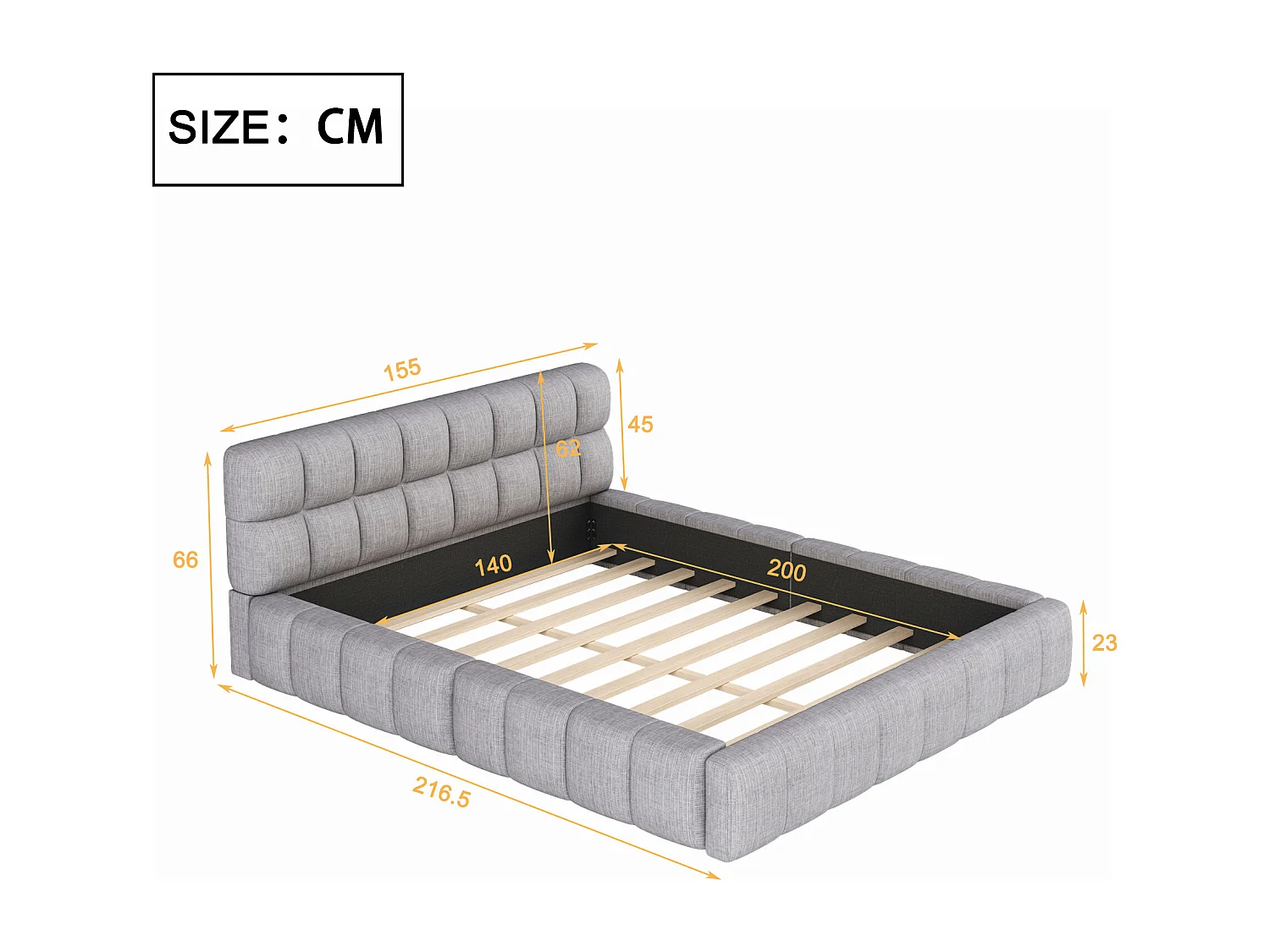 Gepolstertes Doppelbett 140x200cm aus Leinenstoff – mit dicker Rückenlehne und Lattenrost – Grau