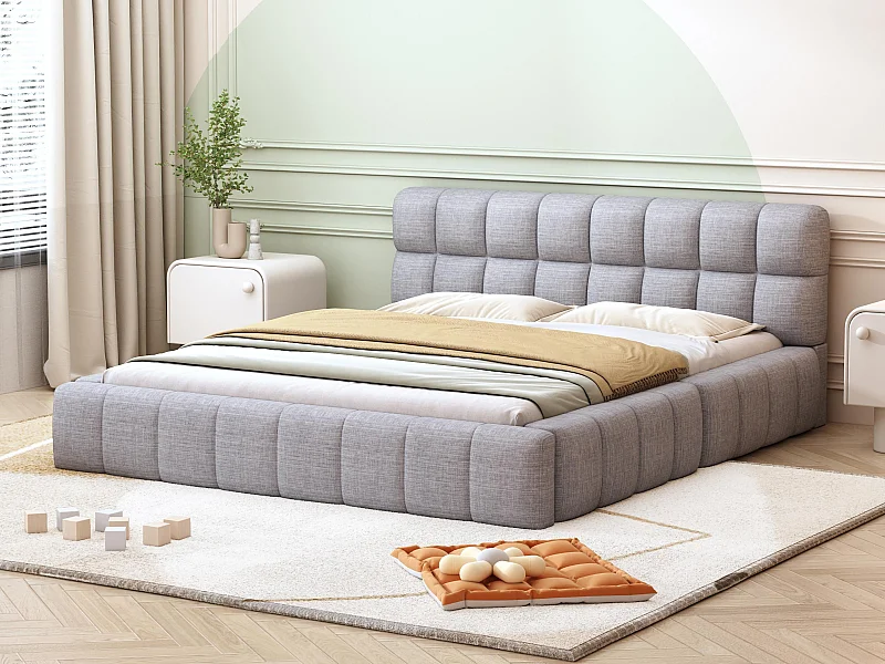 Gepolstertes Doppelbett 140x200cm aus Leinenstoff – mit dicker Rückenlehne und Lattenrost – Grau