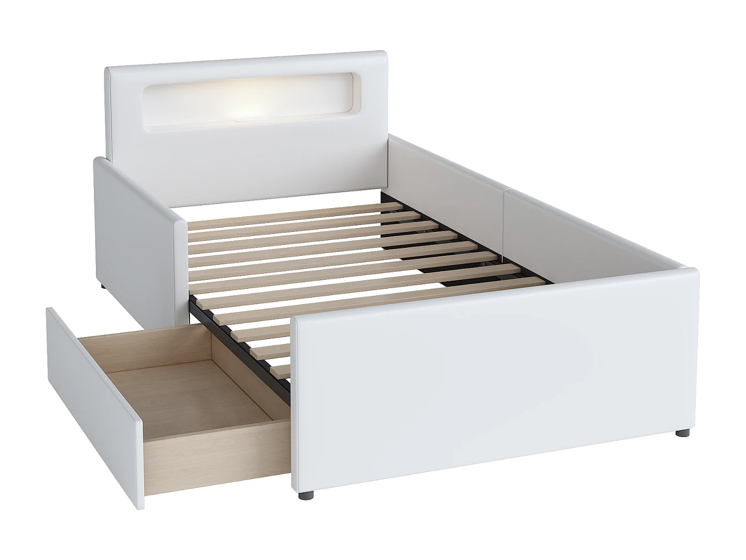 Lit enfant avec tiroir 90x200cm - avec LED & port USB - en similicuir - Blanc