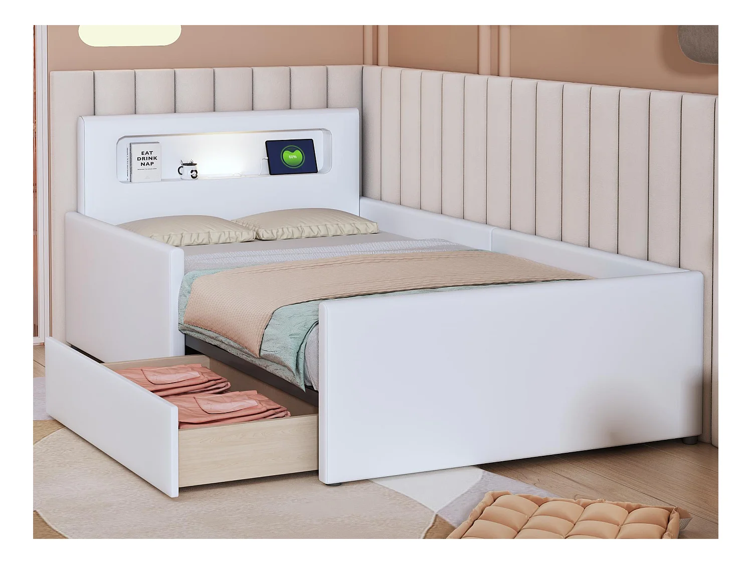 Lit enfant avec tiroir 90x200cm - avec LED & port USB - en similicuir - Blanc