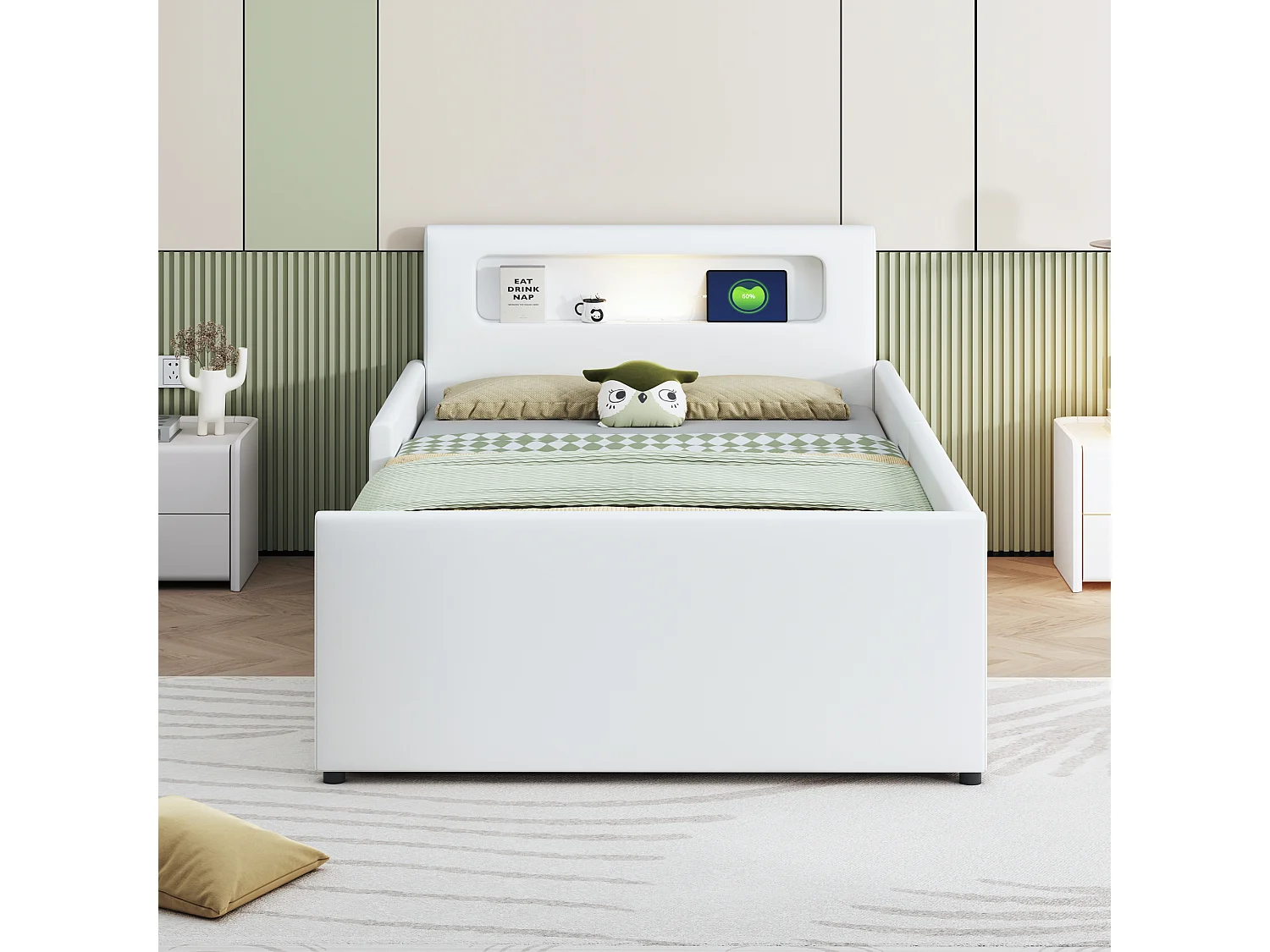 Letto per bambini con cassetto 90x200 cm - con LED e porta USB - in similpelle - Bianco