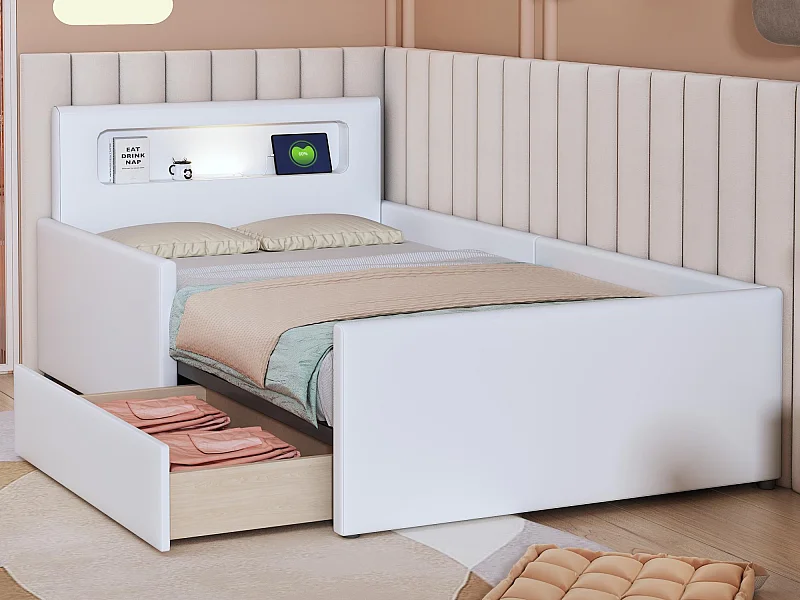 Letto per bambini con cassetto 90x200 cm - con LED e porta USB - in similpelle - Bianco