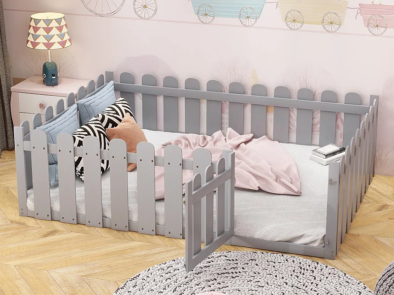 Lit enfant 140x200cm en bois - avec barrière de sécurité - Gris