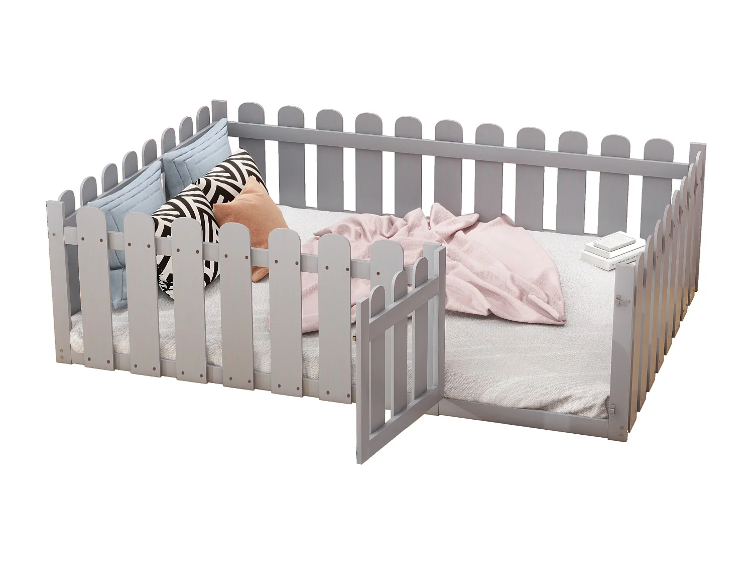 Houten kinderbed 140x200cm - met hekwerk - Grijs