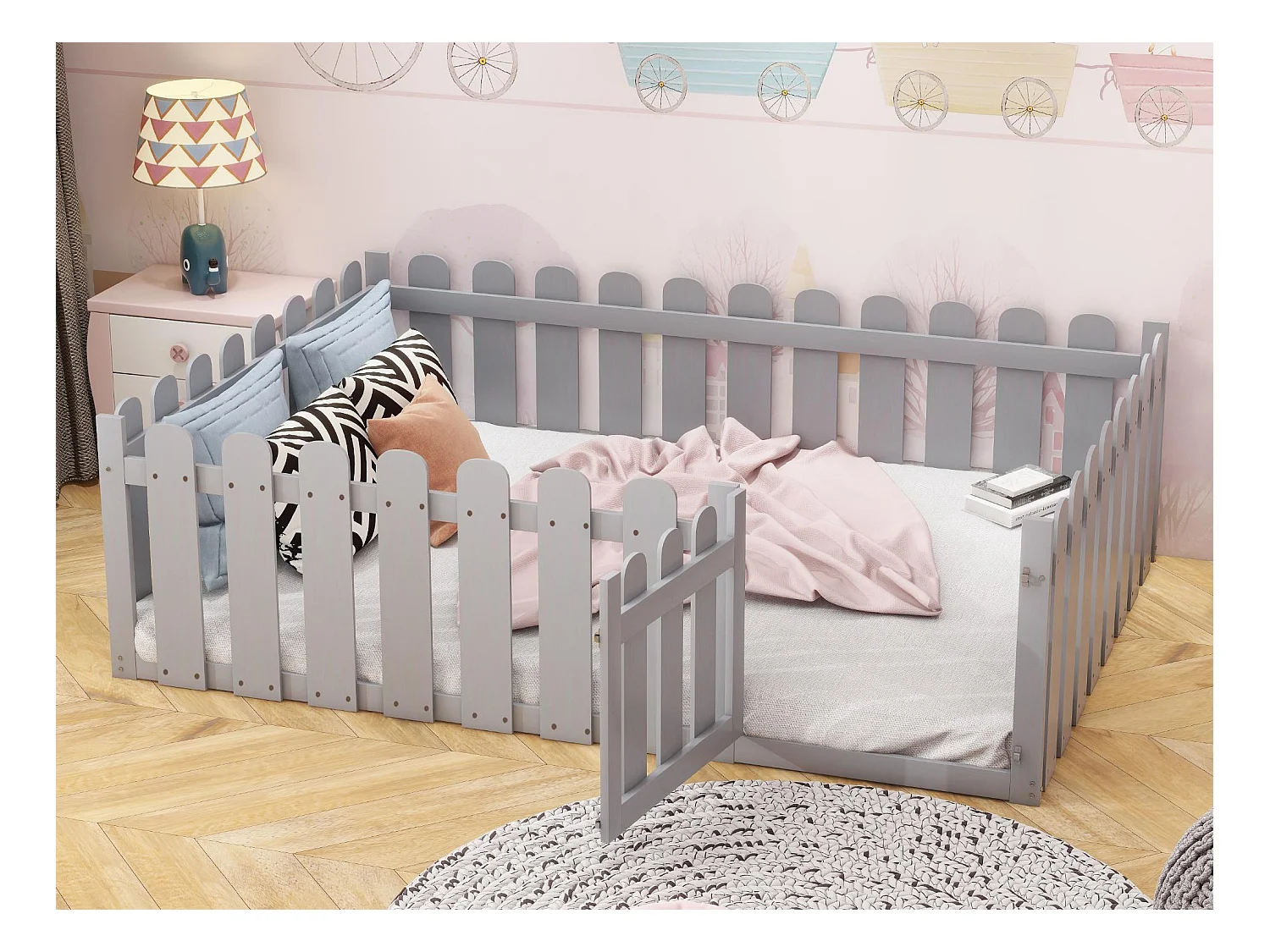 Lit enfant 140x200cm en bois - avec barrière de sécurité - Gris