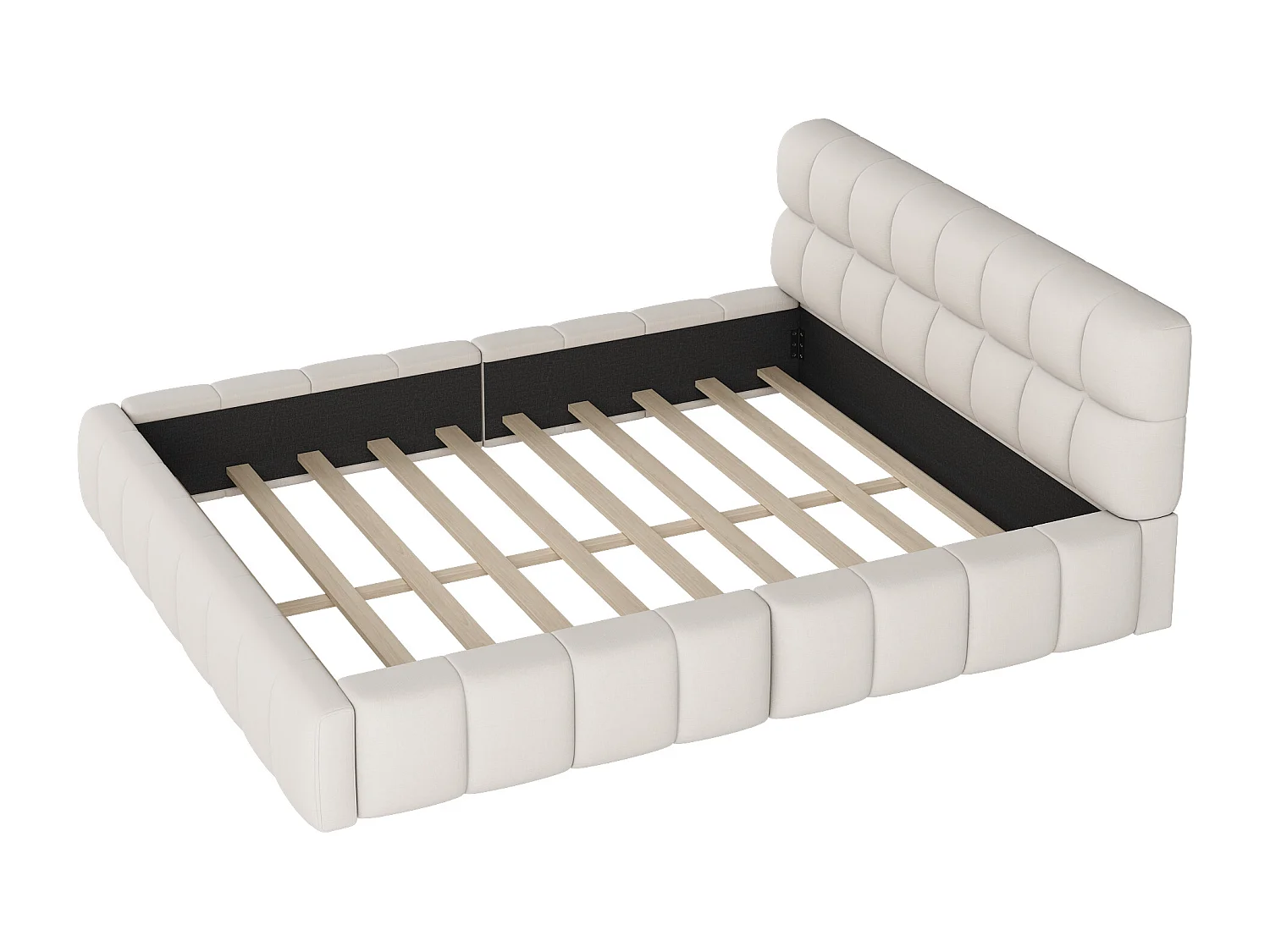 Lit double rembourré 140x200cm tissu en lin - avec dossier épais et sommier à lattes - Beige