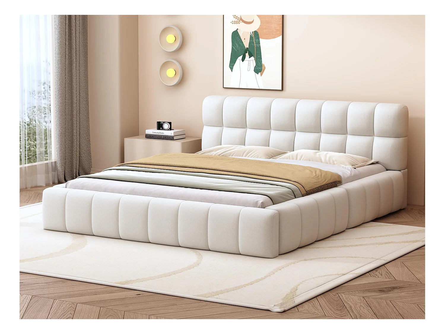 Lit double rembourré 140x200cm tissu en lin - avec dossier épais et sommier à lattes - Beige