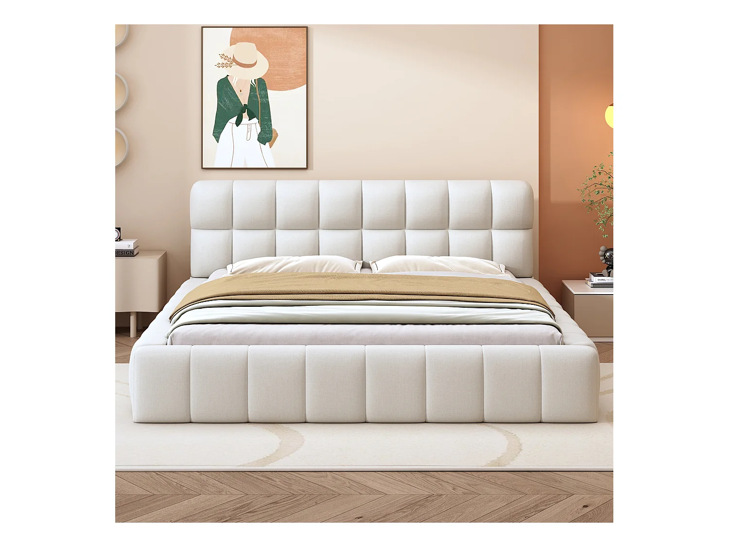 Lit double rembourré 140x200cm tissu en lin - avec dossier épais et sommier à lattes - Beige