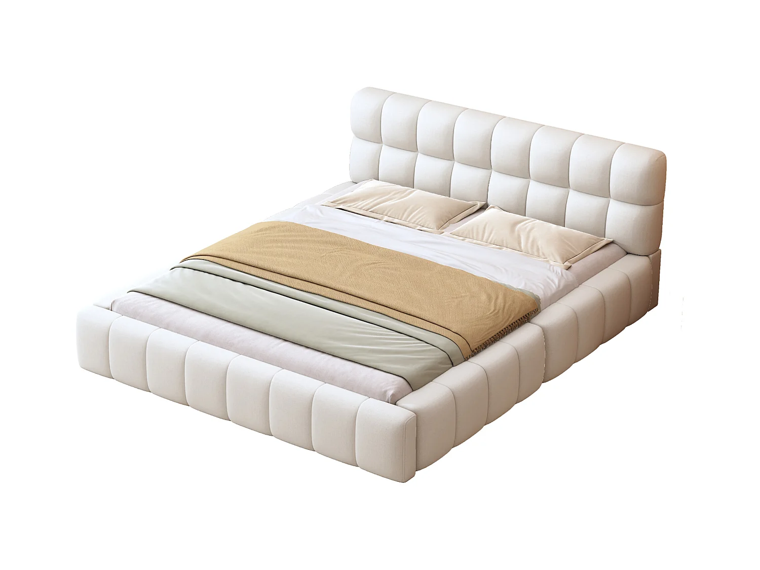 Lit double rembourré 140x200cm tissu en lin - avec dossier épais et sommier à lattes - Beige