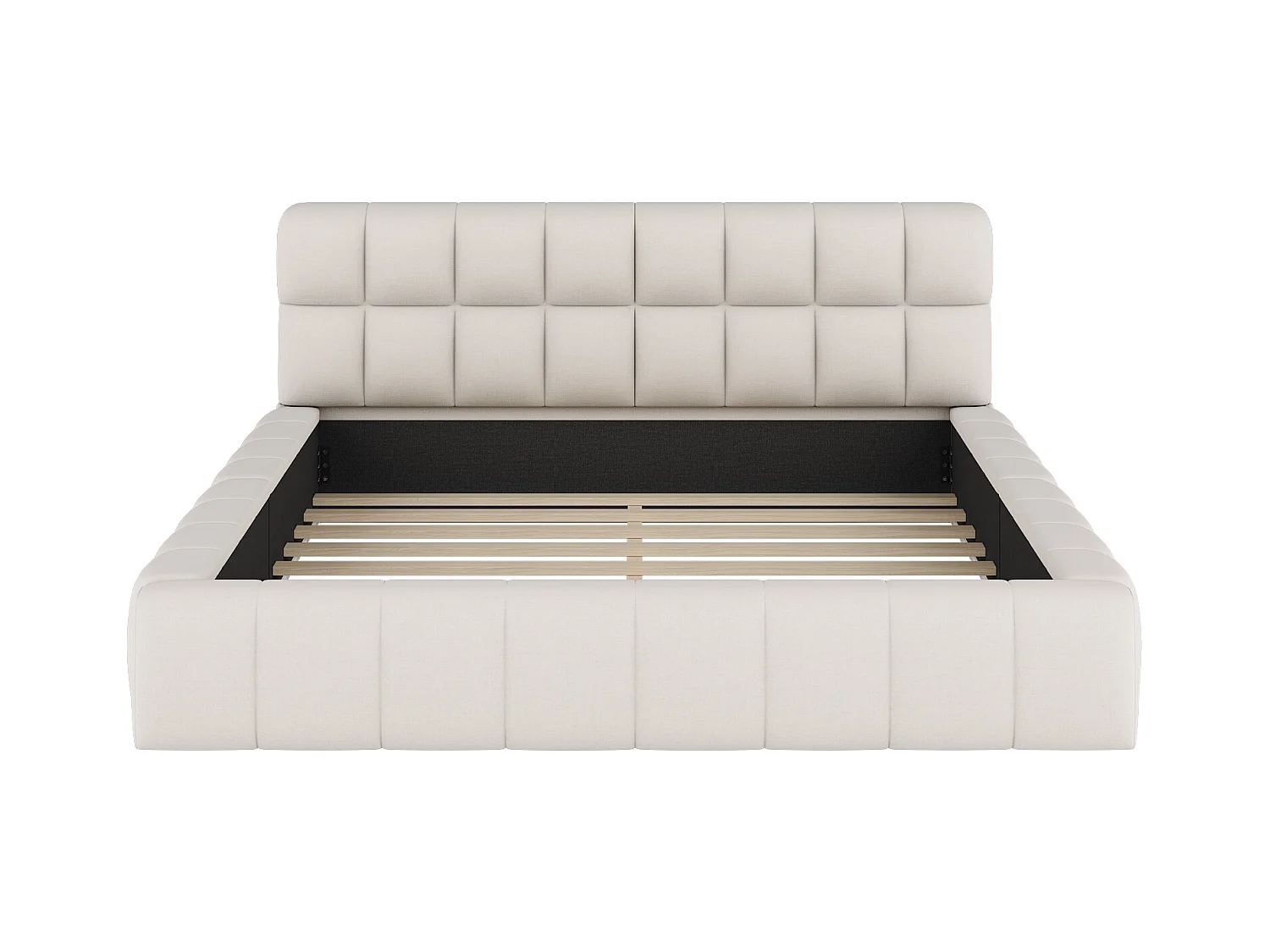 Lit double rembourré 140x200cm tissu en lin - avec dossier épais et sommier à lattes - Beige