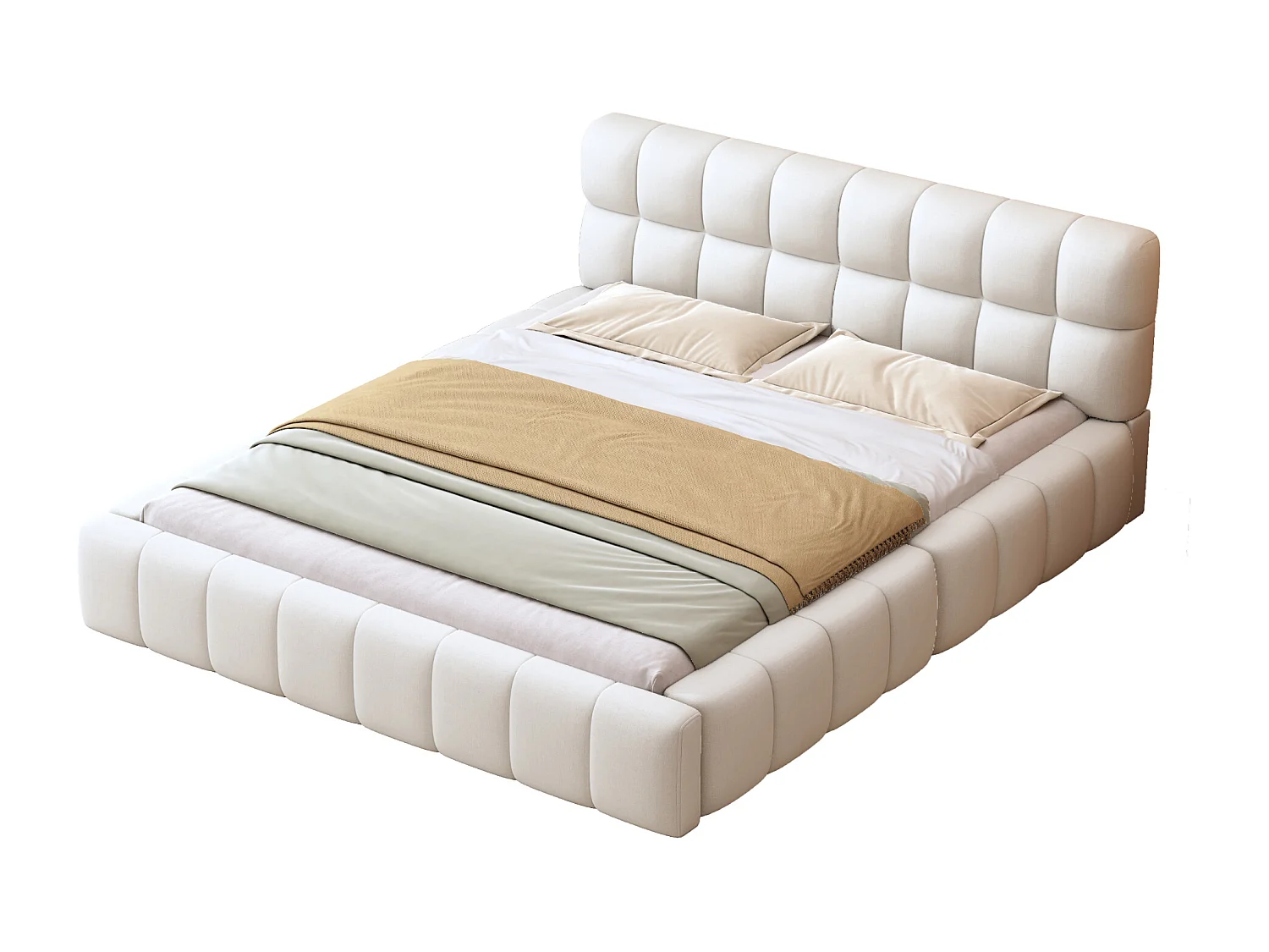 Gepolstertes Doppelbett 140x200cm aus Leinenstoff – mit dicker Rückenlehne und Lattenrost – Beige