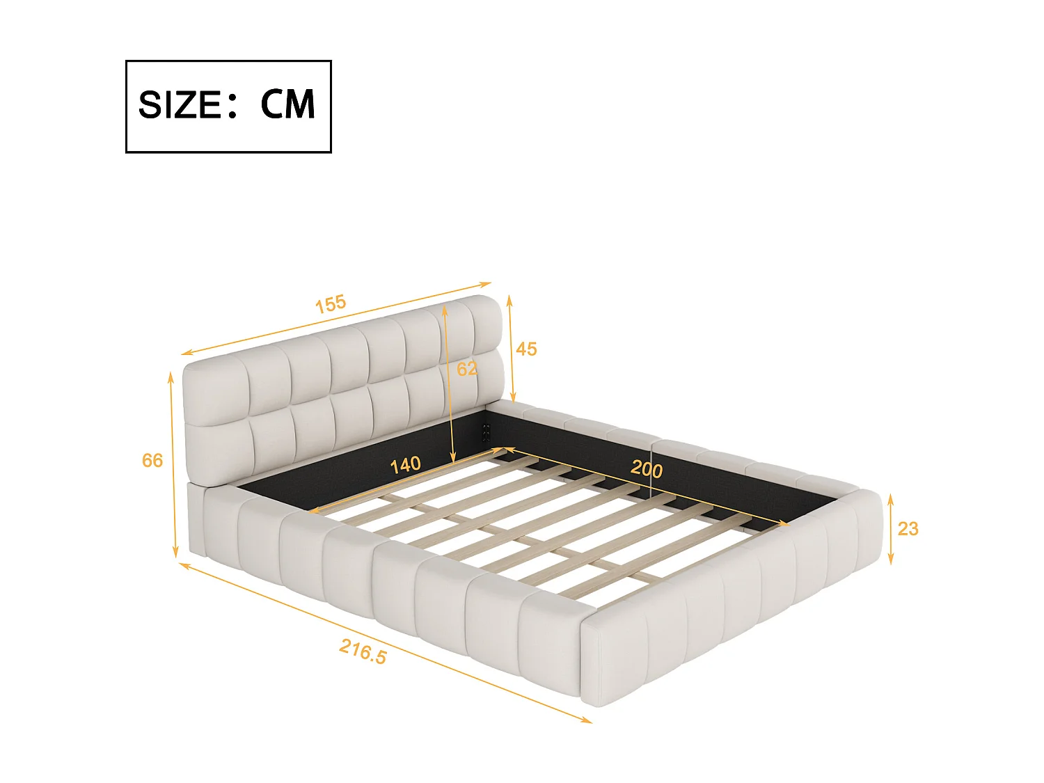 Gepolstertes Doppelbett 140x200cm aus Leinenstoff – mit dicker Rückenlehne und Lattenrost – Beige