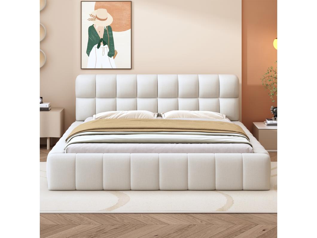 Cama de casal estofada em tecido de linho 140x200cm - com costas grossas e base de ripas - Bege