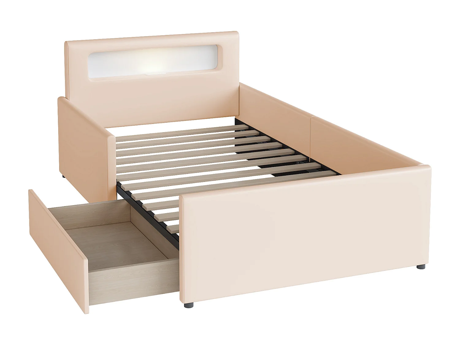 Kinderbett mit Schublade 90x200cm – mit LED & USB-Anschluss – aus Kunstleder – Beige