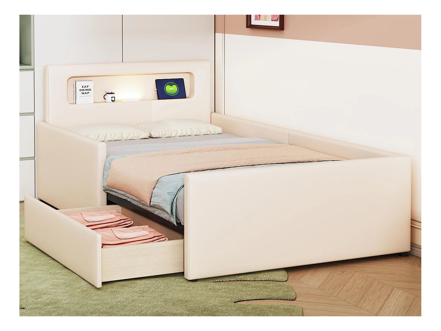 Lit enfant avec tiroir 90x200cm - avec LED & port USB - en similicuir - Beige