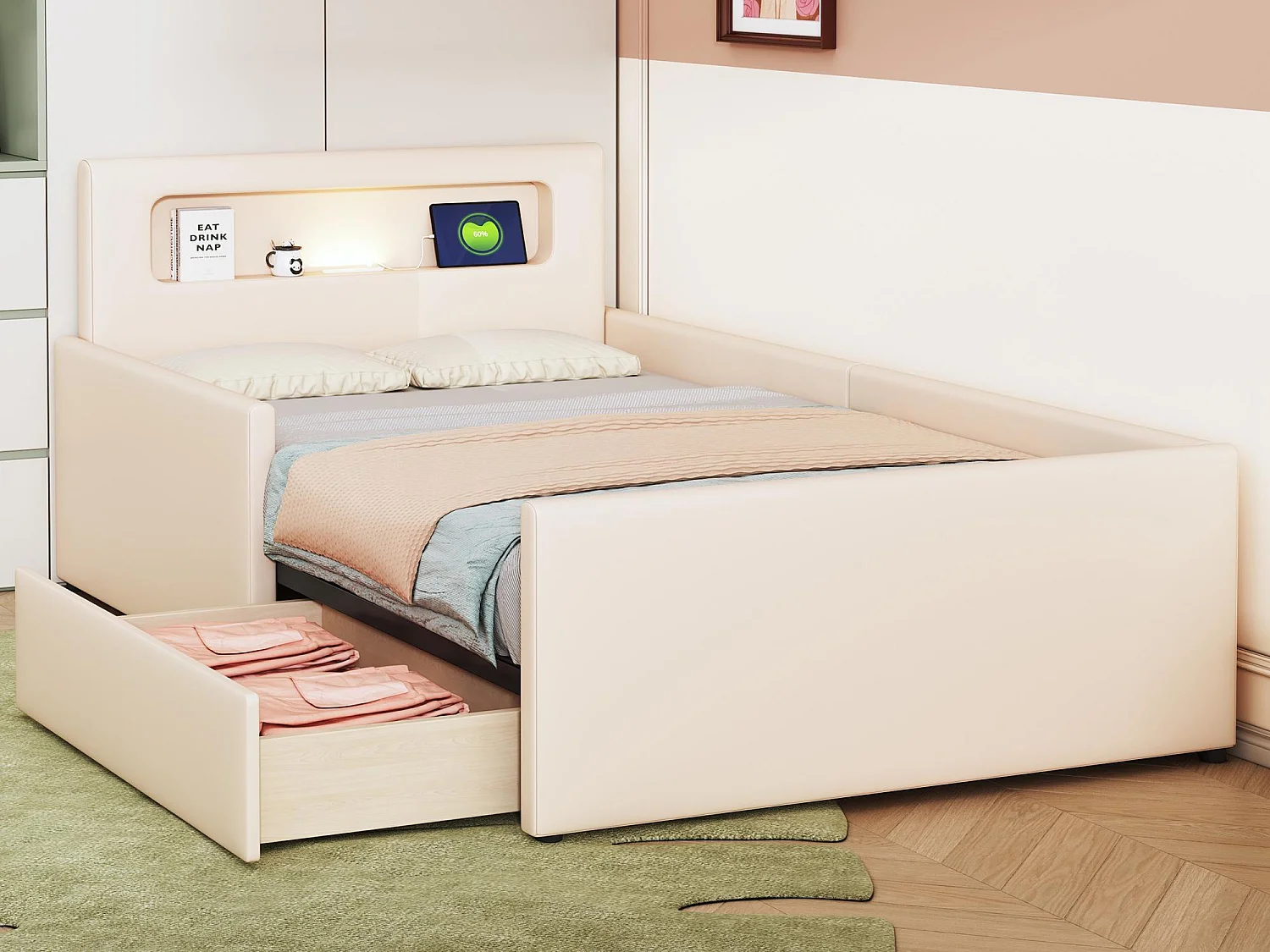Lit enfant avec tiroir 90x200cm - avec LED & port USB - en similicuir - Beige