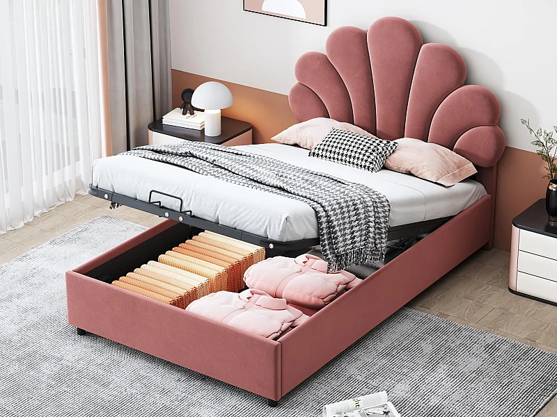 Samtgepolstertes Bett mit Stauraum – 90 x 200 cm – Blumenförmiges Kopfteil – mit Lattenrost – Rosa