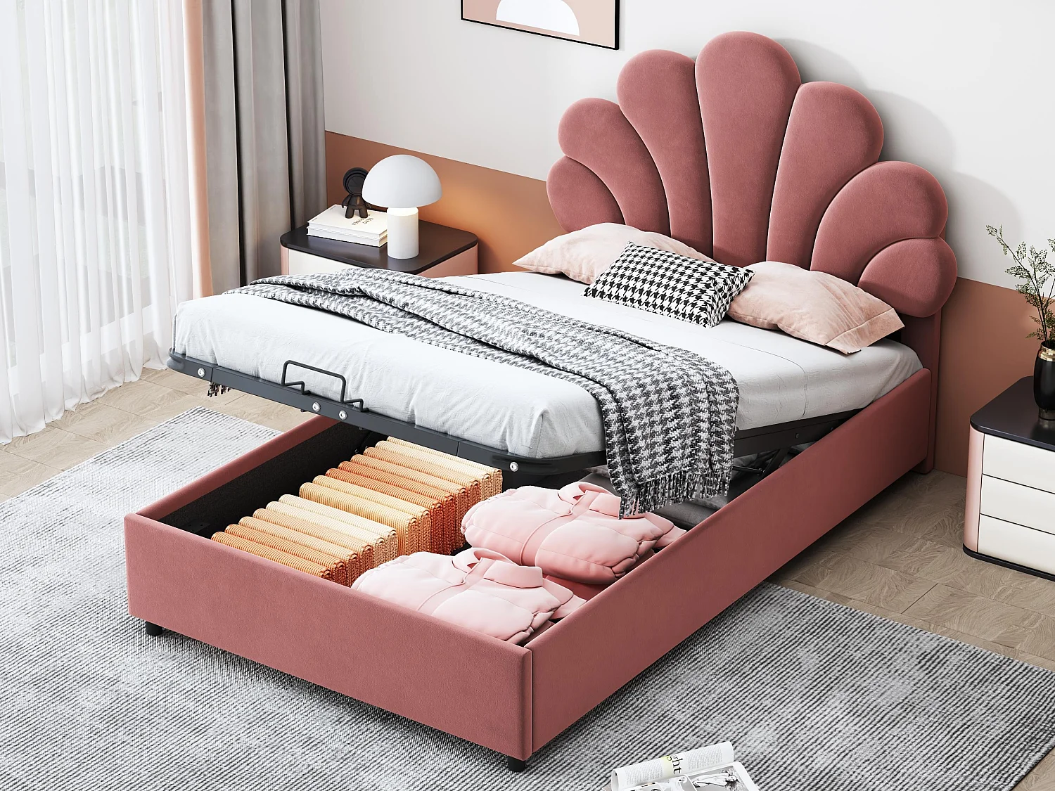 Łóżko z tapicerowanym welurowym zagłówkiem - 90x200cm - zagłówek w kształcie kwiatu - z stelażem na listwy - Różowe