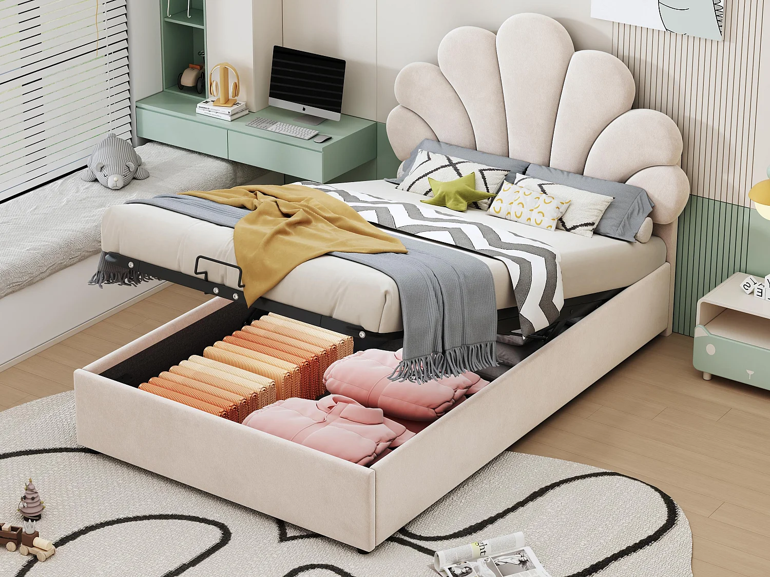 Fluweel gewatteerd opbergbed - 90x200cm - bloemvormig hoofdeinde - met lattenbodem - Beige