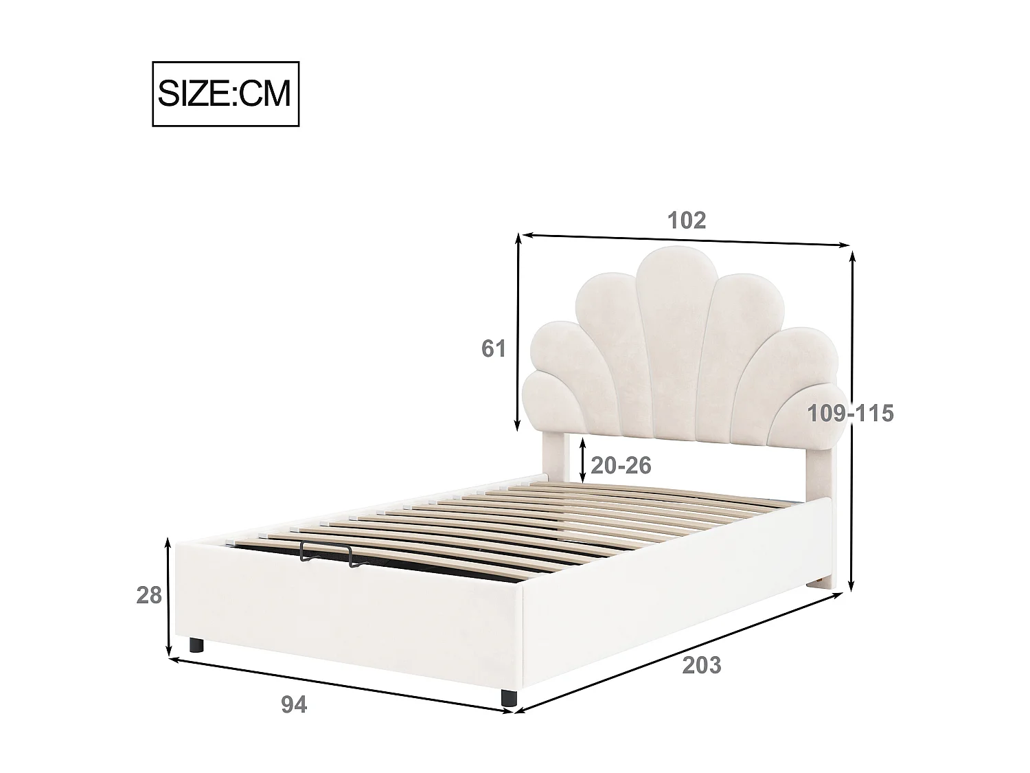 Fluweel gewatteerd opbergbed - 90x200cm - bloemvormig hoofdeinde - met lattenbodem - Beige