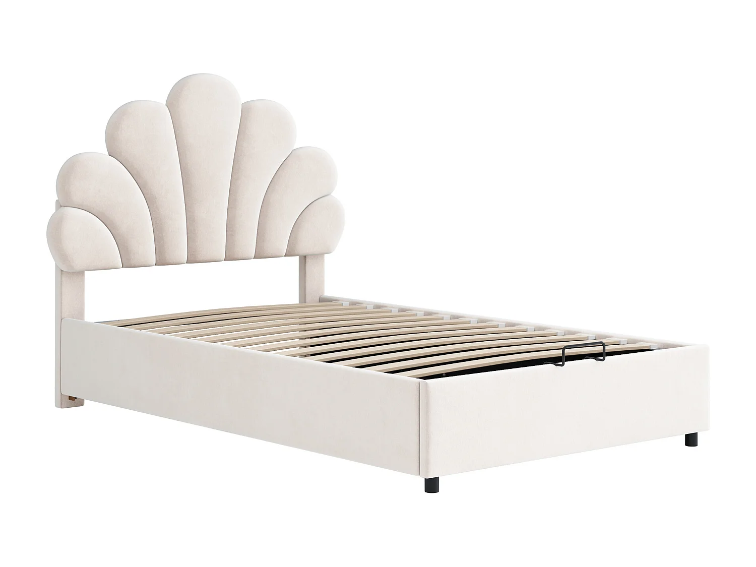 Fluweel gewatteerd opbergbed - 90x200cm - bloemvormig hoofdeinde - met lattenbodem - Beige